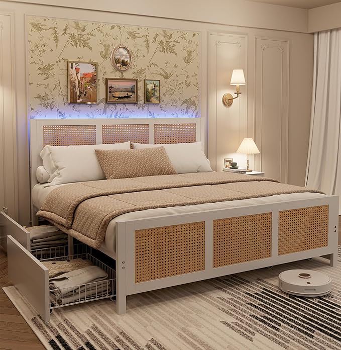 IDEALHOUSE Rattan Bed Frame with Storage Drawers, Boho Queen Led Bed Frame with Strong Metal Slats Support, No Box Spring Needed, Noise-Free Design, White