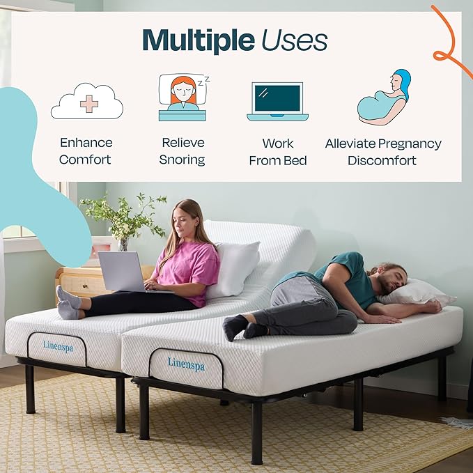 Linenspa Adjustable Bed Frame - Independent Head and Foot Incline - Powerful Quiet Motor - Easy Toolless Assembly - Lounging - Watch TV - Working - Reading - Ergonomic - Electric Bed Base - Full Size