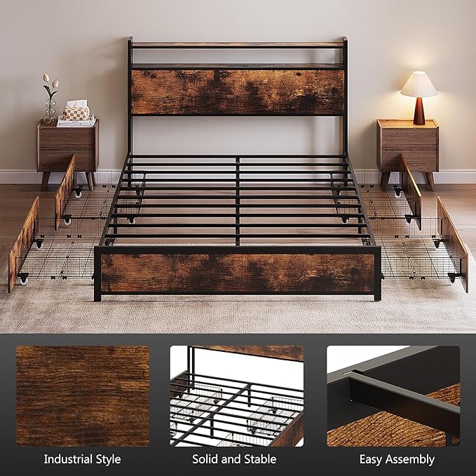 VINGLI Full Platform with 4 Storage Drawers and Headboard, Metal Double Bed with Charging Station and LED Lights, No Box Spring Needed, Noise Free, Easy Assembly, Vintage Brown