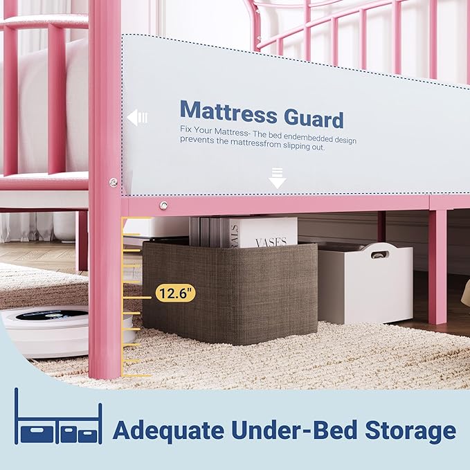 Allewie 14 Inches Twin Size Metal Platform Bed Frame with Elegant Crown Iron-Art Headboard & Footboard, Sturdy Mattress Foundation with Under-Bed Storage, Easy Assembly, No Box Spring Needed, Pink