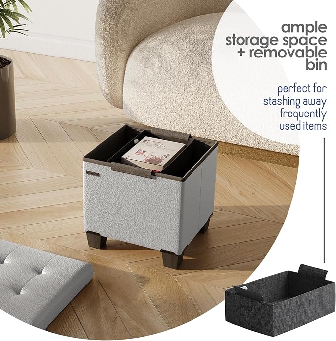 Storage Ottoman Cube with Small Bin, 15-in Square Ottoman with Storage for Living Room and Bedroom, Small Ottomans Foot Rest, Leather Foot Stools Ottomans Max 330lbs, Light Grey