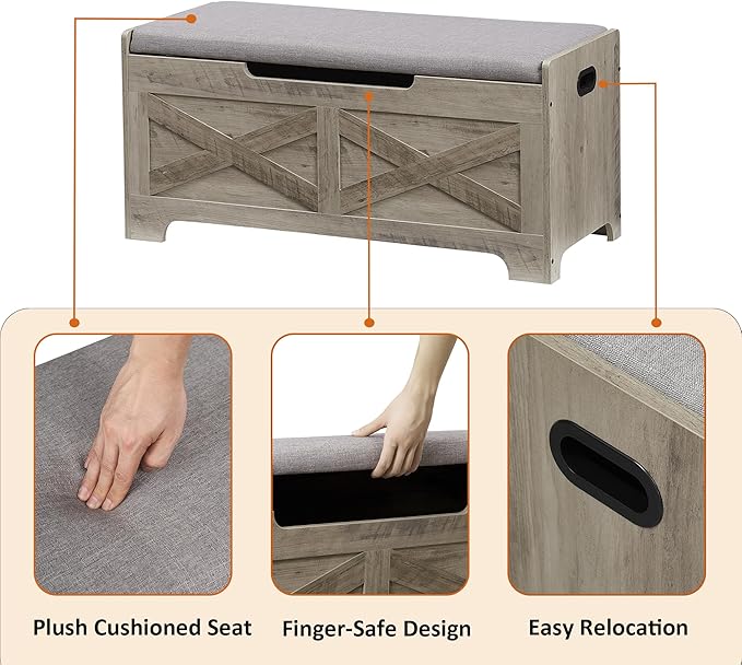 IDEALHOUSE Storage Bench, 39.4" Retro Wooden Storage Chest with 2 Safety Hinges, Loads 300 lb, Easy Assembly, Storage Ottoman Bench for Bedroom Entryway Living Room, Grey