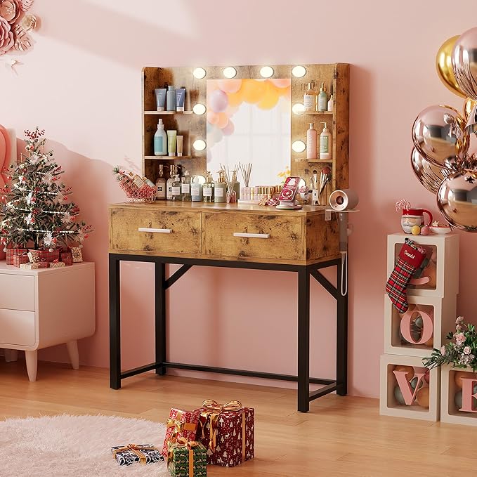 Furmax Vanity Desk with Mirror and LED Light Bulb, Small Makeup Vanity Table with Drawers, Dressing Table with Power Outlet and Hair Drayer Holder for Bedroom (Rustic Brown & Black)