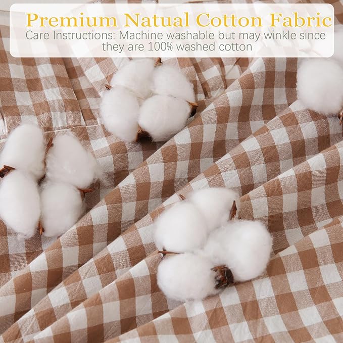 14x36 inches Taupe Plaid Ruffle Gingham Lumbar Throw Pillow Cover, Pure Cotton Decor Pillowcase French Country Vintage Fall Pillow Case for Bedding Couch