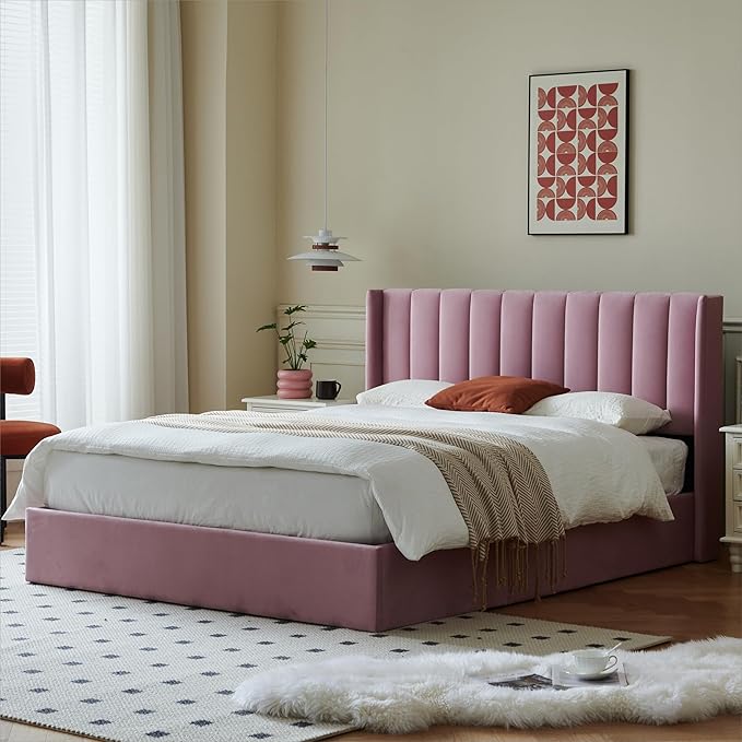 YUHUASHI Queen Size Hydraulic Storage Bed, Upholstered Platform Bed Frame, Modern Wingback Design Headboard, Velvet Fabric with Hydraulic Support Bars, No Box Spring Required (Pink, Full)