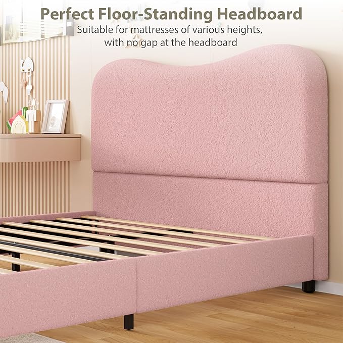 GarveeHome Boucle Full Size Bed Frame with Upholstered Headboard, Soft Low Profile Sturdy Platform Bed with Rounded Corners Design, Heavy Duty, Wooden Slats, Noise Free, No Box Spring Needed, Pink