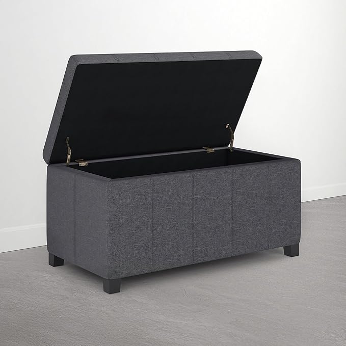 SIMPLIHOME Dover Storage Ottoman Bench - 36 inch Wide Upholstered Linen Look Fabric Rectangle Storage Ottoman Bench in Flint Grey, Contemporary Ottoman for Living Room or Entryway with Lift-Up Lid