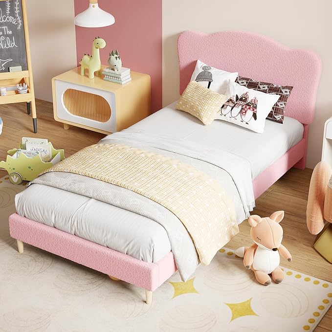 GarveeHome Upholstered Full Size Bed Frame for Kids with Scallop Headboard, Cute Velvet Full Bed for Girls, Boys, Sturdy Platform Bed, No Box Spring Needed, Wooden Slats, Noise Free, Pink
