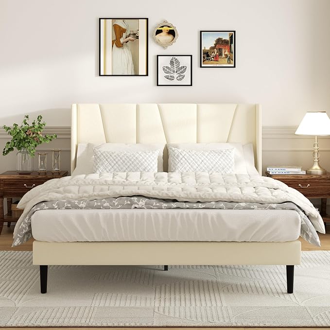 Sismplly Queen Bed Frame with Headboard, Velvet Upholstered Queen Size Platform Bed with Wingback, Mattress Foundation with Wooden Slat Support, No Box Spring Needed, Easy Assembly, Noise Free, Beige