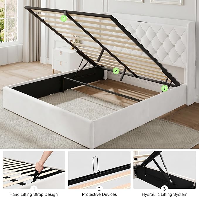 Feonase Full Size Bed Frame with Storage & Charging Station - Hydraulic Lift Up Platform Bed, Upholstered Button Tufted Headboard, Sturdy Wooden Slats, Noise-Free, No Box Spring Needed,White