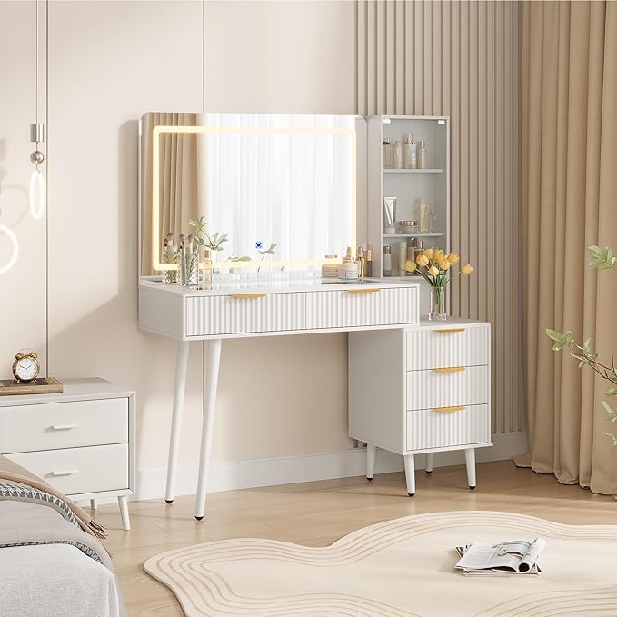 Garvee 48" Fluted Makeup Vanity Desk with Mirror and Lights, Glass Top Vanity Table with 5 Drawers, Open Shelf and Power Outlet, Modern Dressing Table for Bedroom and Living Room