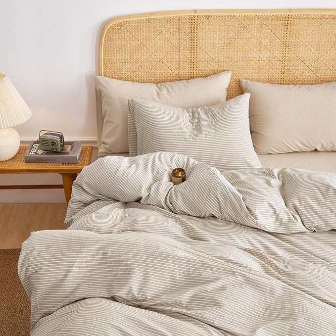 Wake In Cloud - Striped Cotton Duvet Cover Set, 100% Washed Cotton Textured Percale Bedding Set, Ticking Stripe Pinstripe Farmhouse, 3 Pieces, Tan, Queen Size