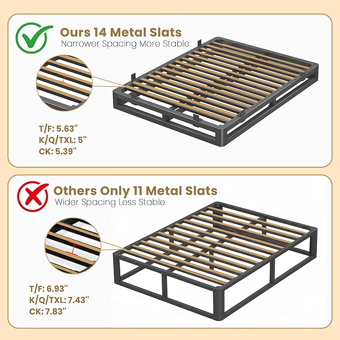 6 Inch King Size Bed Frame with Rounded Corner and Squeak Free U-Slot Design, Metal Platform Bed Frames 6 Non-Slip Guards, 3500lbs Heavy Duty Steel Slat Support, No Box Spring Needed, Black