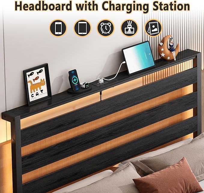 CLIBFENG Bed Frame Twin Size with USB Charging Station, LED Bed Frame with Wood Storage Headboard, Black Metal Platform Bed with Under Bed Storage, No Box Spring Needed, Noise Free