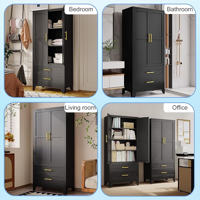 erosoei 71" H Metal Pantry Storage Cabinet,Office File Cabinets with 2 Drawers and Shelves, Kitchen Cupboard Storage Cabinet for Bedroom and Dinning Room（Black）