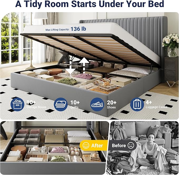 Allewie King Size Lift Up Storage Bed Frame, Hydraulic Support System, Upholstered Platform Bed Frame, Underneath Storage, Vertical Channel Tufted Headboard with Wingback, No Box Spring Needed, Grey