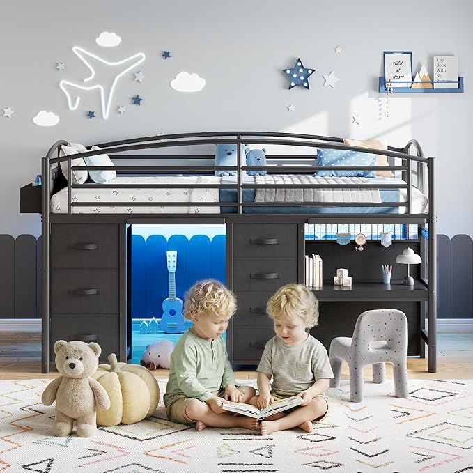 Low Loft Bed Twin Size with 7 Storage Drawers, Desk and LED Lights, Heavy Duty Metal Kids Loft Bed with 12" H Safety Guardrail, Anti-Collision Pad, Private Play Curtain, Under-Bed Play Space - Black