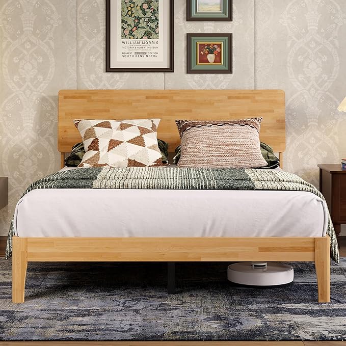 Novilla Full Size Bed Frame with 3-Level Adjustable Storage Headboard, Solid Wood Platform Bed Frame with Slats, No Box Spring Needed, Noise Free, Natural Finish for Master Bedroom and Guest Room