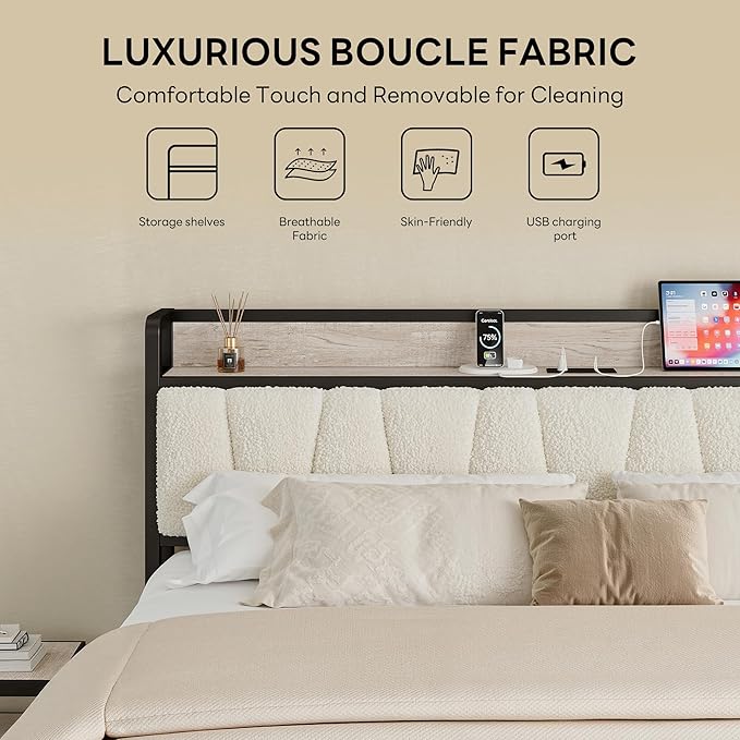 LIKIMIO King Size Bed Frames, Bouclé Storage Headboard with Charging Station, Solid and Stable, Noise Free, No Box Spring Needed, Easy Assembly