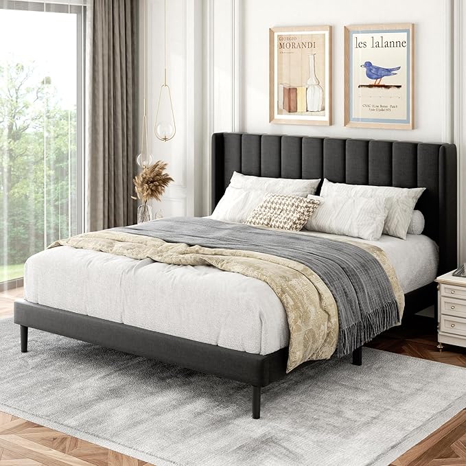 Gruwans Queen Size Bed Frame with Upholstered Wingback Headboard, Easy Assemnly Platform Bed, Wooden Slat Support No Box Spring Needed, Dark Gray