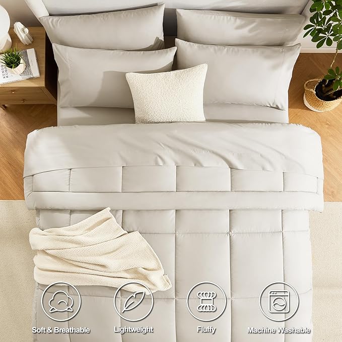 CozyLux Oversized Queen Comforter Sets Beige, 7 Pieces Bed in a Bag, Ultra-Soft All Season Bedding Sets with Stitch Quilted Comforter, Flat Sheet, Fitted Sheet, Pillowcases
