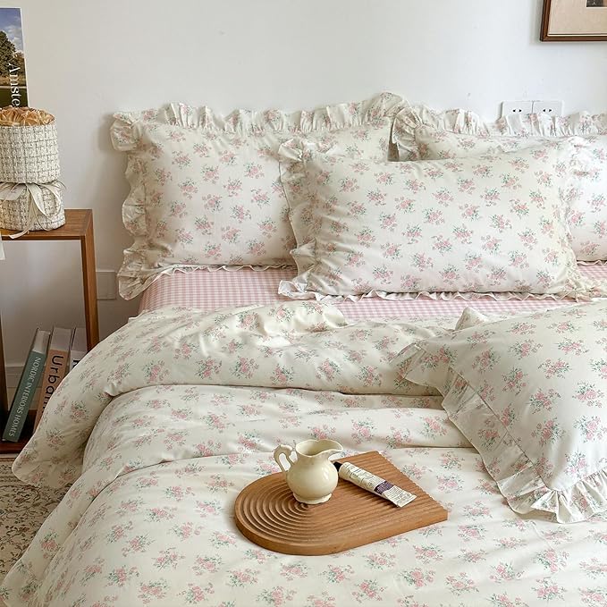 mixinni Pink Floral Duvet Cover Set Queen Size - 100% Cotton Ruffle Lace Bedding Set for Girls, Romantic Cottagecore Style Duvet Cover with Zipper Closure, Soft Aesthetic Princess Bedding-Queen