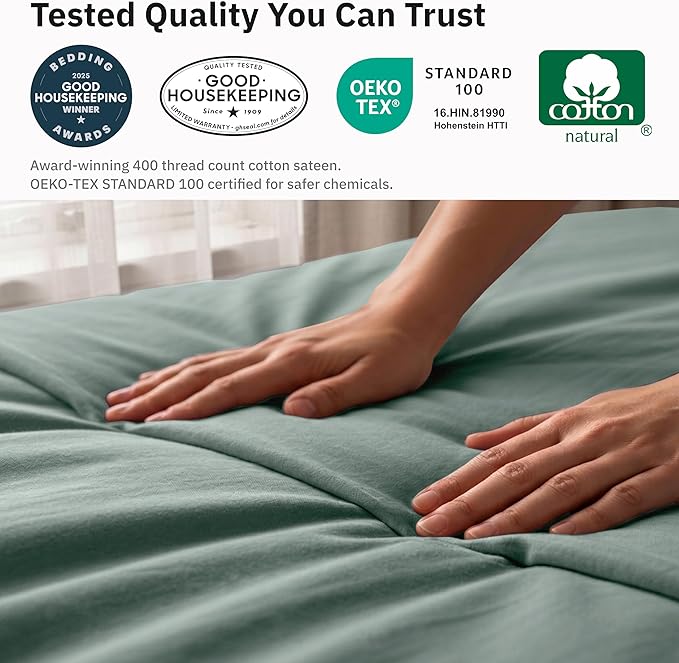 Natural 100% Cotton Duvet Cover King Size Only - Premium 400 Thread Count Duvet Covers King, Soft Sateen Weave, Button Closure and Corner Ties - Sage Green