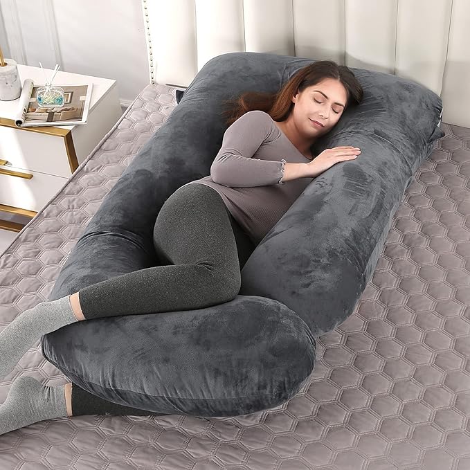 U-Shaped Full Body Pregnancy Pillow for Sleeping – 57" Maternity Pillow with Removable Cover, Support for Back, Legs, Belly & Hips (Velvet -Black)