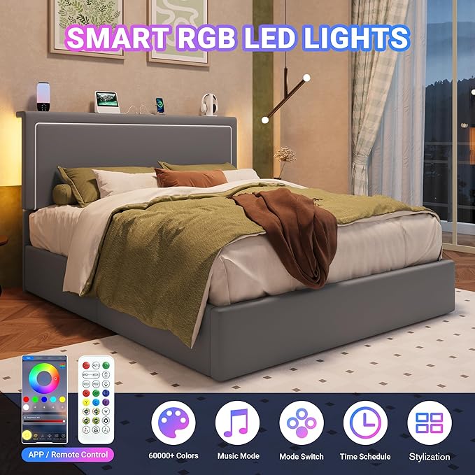 Allewie Full Size Lift Up Storage Bed Frame with Charging Station & LED Lights, Adjustable Velvet Upholstered Storage Headboard, Type-C & USB Ports, Hydraulic Support, No Box Spring Needed, Grey