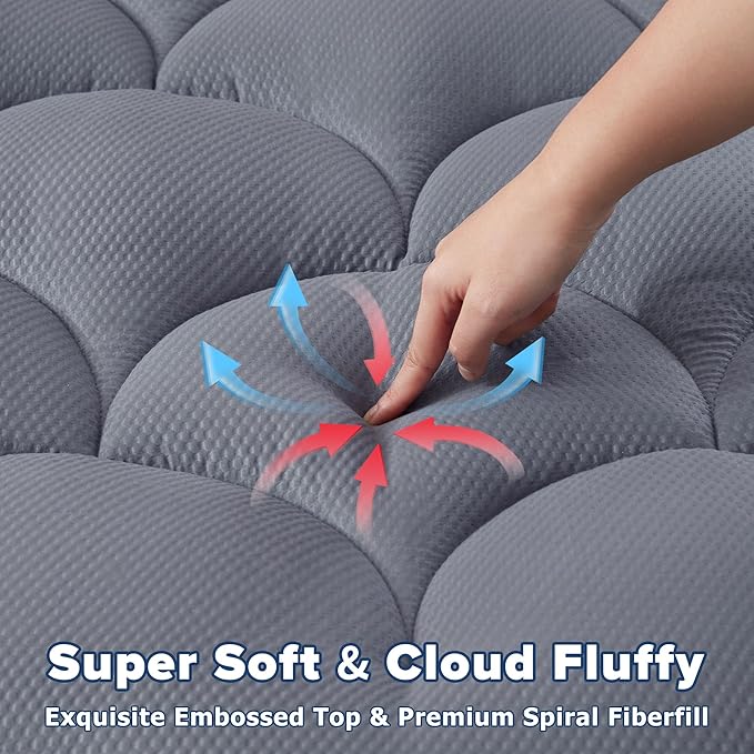 ELVEN HOME Twin Size Mattress Pad for Pain Relief, Pillow Top Cooling Twin Mattress Topper for Single Bed, Thick Fluffy Mattress Protector Cover Quilted Fitted Deep Pocket (39x75 inch, Grey)