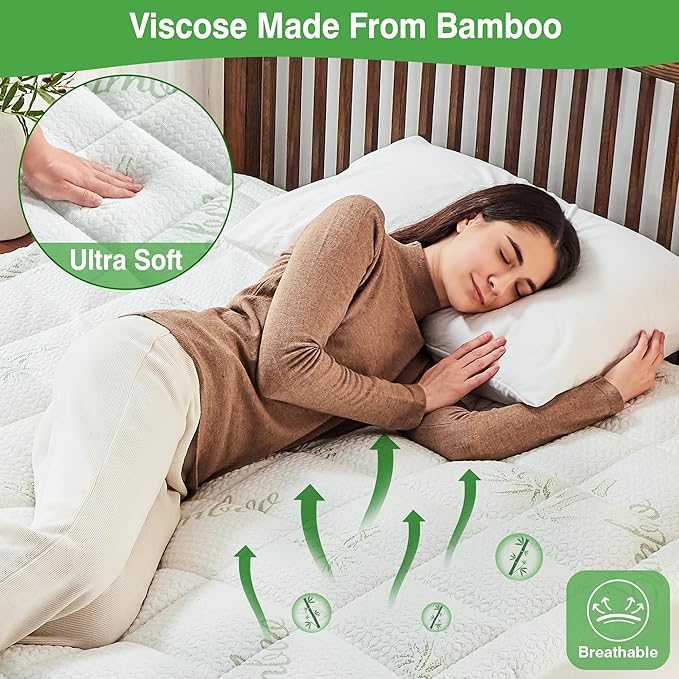 Queen Mattress Pad Cover, Viscose Made from Bamboo Pillow Top Cooling Mattress Topper for Queen Size Bed, 6-21 inches Deep Pocket, 60x80 inches