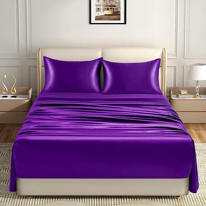 Homiest 4pcs Extra Deep Pocket Satin Sheets Full Size Bed Set, 18-24 Inch Deep Pocket Bed Sheets Purple Satin Sheet Set, Silky Satin Bedding Set Luxury Fitted Sheet Set Fits Ultra Deep Mattress