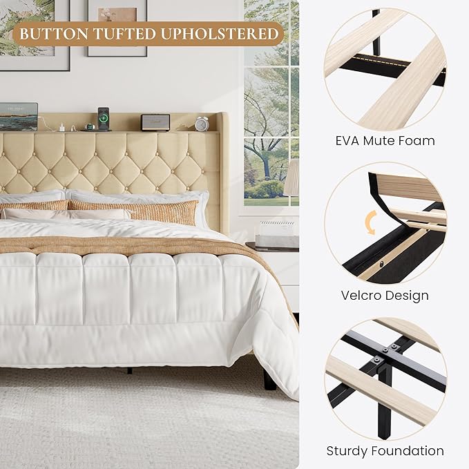 SHA CERLIN King Size Platform Bed Frame with Charging Station, Linen Wingback Headboard with Storage Shelf, Wooden Slats Support, Ample Under-Bed Space, No Box Spring Needed, Easy Assembly, Beige
