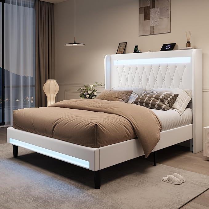 SHA CERLIN Full Size LED Bed Frame with Charging Station, Velvet Upholstered Platform Bed with High Wingback Headboard, No Box Spring Needed, Easy Assembly, White