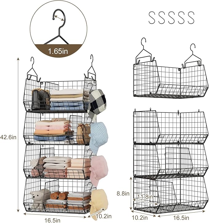 4 Tier Hanging Closet Organizer with Dividers,Extra Large Storage Hanging Shelf with 5 S Hooks 4 Dividers,Hang on wire closet shelving Clothes Organizer-Black