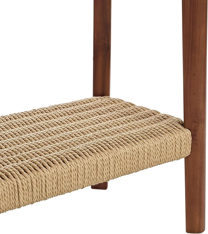 Alaterre Furniture Calais 48 Inch Solid Wood Entryway Table with Woven Storage Shelf – Mid Century Modern 2-Tier Sofa Table for Living Room, Hallway, or Foyer (Chestnut)