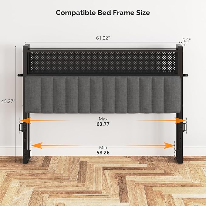 VINGLI Queen Size Headboard Only, Adjustable Upholstered Headboard with 2 Tier Shelves and Pegboard with Charging Stations and LED Lights, Modern Bed Headboard with Storage for Bedroom Decor