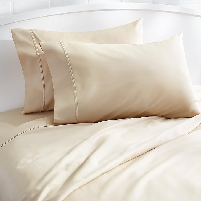 Amazon Basics 400 Thread Count Pure 100% Cotton Pillowcases, Soft, Sateen Finish, Wrinkle Resistant, Machine Wash, King, 40" x 20", Beige, Set of 2, Pillows Not Included