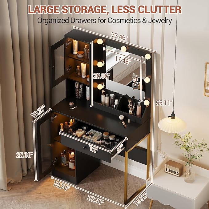 IDEALHOUSE Makeup Vanity Desk with Mirror and Lights, Vanity Table with Charging Station, 2 Open Compartments, 2 Acrylic-Door Cabinets, and RGB Lights Wood Dressing Table for Bedroom