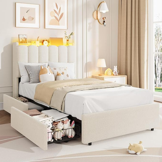Garvee LED Twin XL Bed Frame with Storage Headboard, Kids Bed Frame with 2 Drawers, Boucle Upholstered Platform Bed for Girls, Chic Wavy Headboard with Bookcase, No Box Spring Needed, White