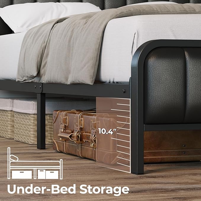 Rolanstar Queen Size Bed Frame with LED Light and Charging Station, Upholstered Headboard and Footboard, Metal Slat, Noise Free, Easy Assembly, Black