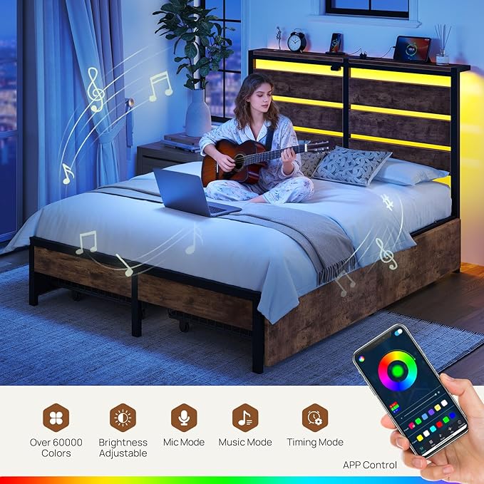 Rolanstar Full Size Bed Frame with 4 Drawers, LED Lights and Charging Station, Metal Platform Bed with Storage Headboard, Noise Free, Easy Assembly, No Box Spring Needed, Rustic Brown