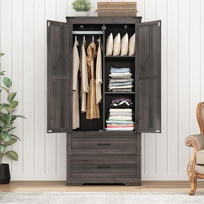 Hlivelood 2 Doors Wardrobe Armoire Closet with Doors and Drawers, Farmhouse Wooden Armoire Storage Cabinet with Shelves & Hanging Rod for Bedroom, Grey