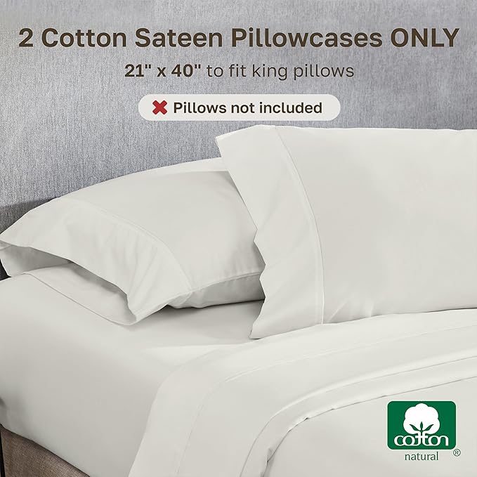 California Design Den King Size Pillowcase Set - 400 Thread Count, 100% Cotton Sateen, Set of 2 Pillow Covers, Soft and Breathable - Ivory (Pale Tone)