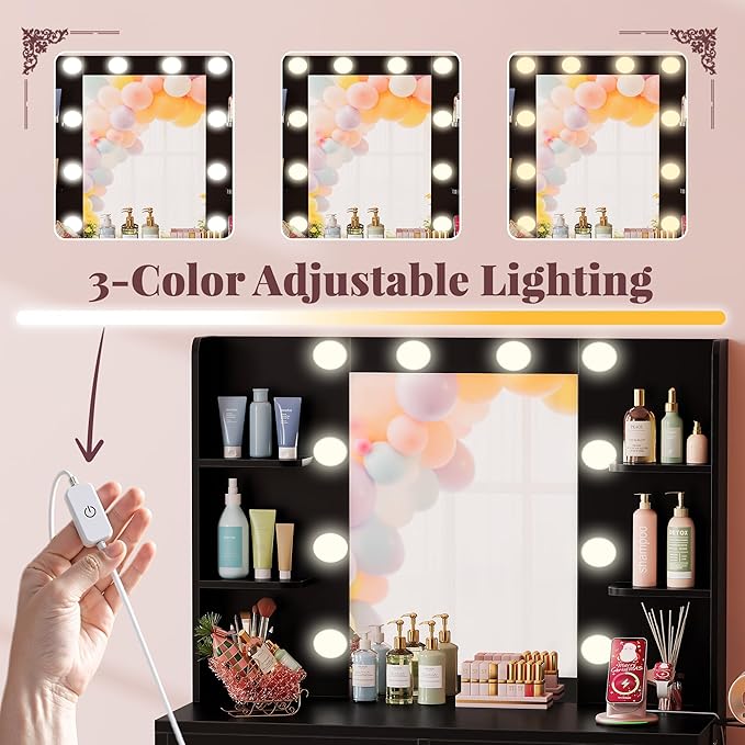 Furmax Vanity Desk with Mirror and LED Light Bulb, Small Makeup Vanity Table with Drawers, Dressing Table with Power Outlet and Hair Drayer Holder for Bedroom (Black & Gold)