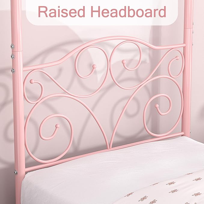 VECELO Metal Canopy Bed Frame Twin Size, 4 Posters Platform Mattress Foundation with Headboard, Heavy Duty Steel Slats Support, No Box Spring Needed, Pink