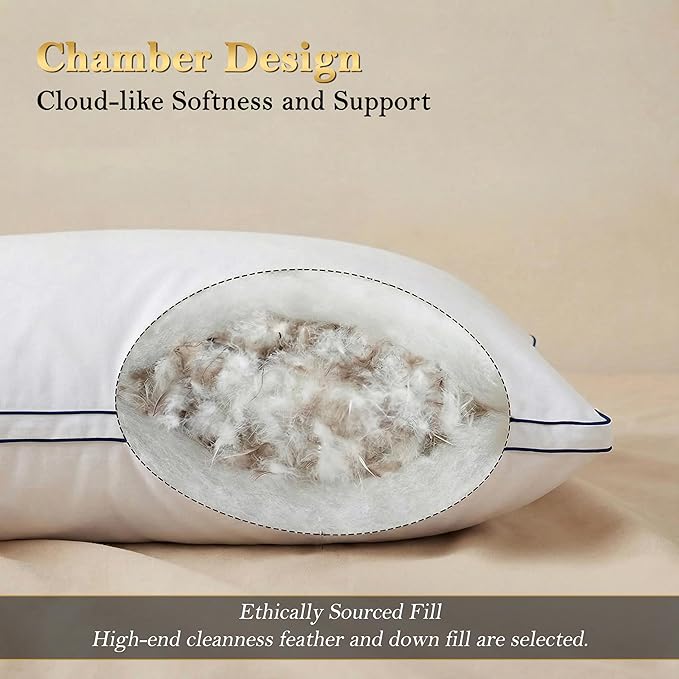 Feather Pillows Standard Size Set of 2 Goose Down Pillows with 100% Breathable Cotton Cover, Hotel Collection Bed Pillows for Sleeping, Soft Support for Back, Stomach and Side Sleepers