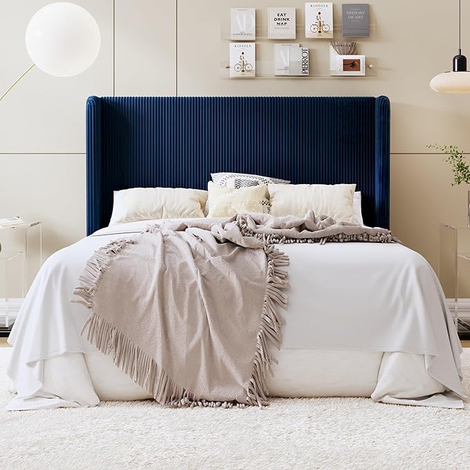 SHA CERLIN Full Size Corduroy Upholstered Platform Bed Frame with Vertical Channel Tufted Wingback Headboard, 8" Under Bed Storage, Wooden Slats & Metal Frame Support, Easy Assembly, Dark Blue