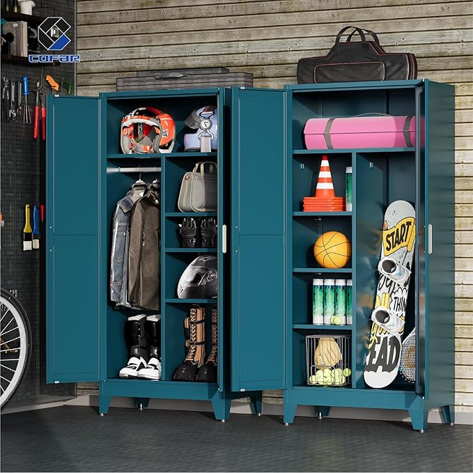 COFaR 71'' Tall Wardrobe Closet with Doors, Metal Bedroom Armoire with Adjustable Hanging Rod and Shelves, Farmhouse Broom Closet Storage Cabinet for Garage Laundry Office, Peacock Blue