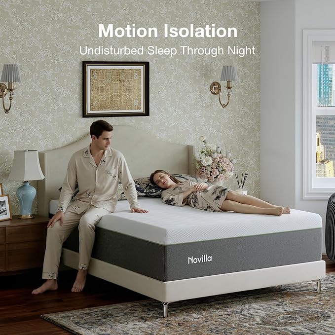 Novilla Bliss Green Tea Mattress Queen Size, 12 Inch Gel Queen Mattress Memory Foam in a Box for Hot Sleepers with Nylon Cover, Cool Comfort & Back Pain Relief & Motion Isolating with Certified Foam